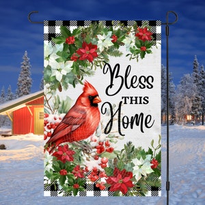 12x18 Garten Flagge Sublimation Design, Weihnachten Kardinal Willkommen, segne dieses Haus, digitales Design, PNG