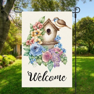 12x18 Garden Flag Sublimation Design, Welcome, Bird House, Bird and Flowers, , Digital Design, PNG