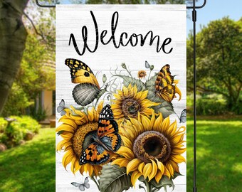 12x18 Garden Flag Sublimation Design, Sunflowers and Butterflies, Welcome, Digital Design, PNG
