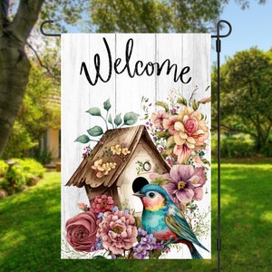 12x18 Garden Flag Sublimation Design, Welcome, Bird House, Bird and Flowers, , Digital Design, PNG