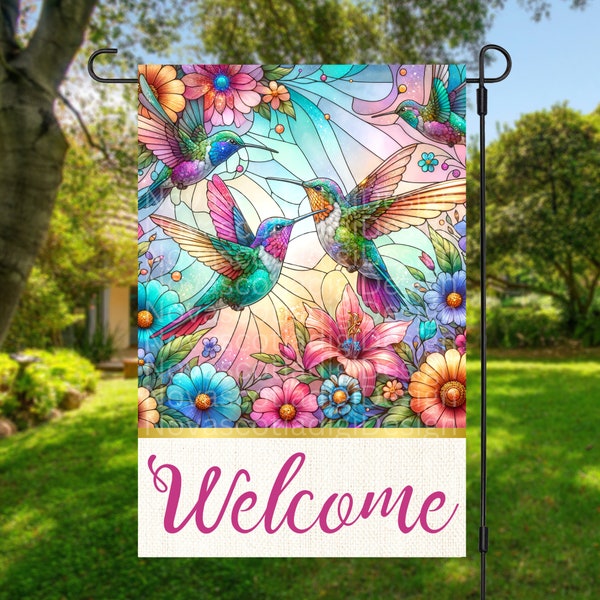 12x18 Garden Flag Sublimation Design, Hummingbirds, Welcome,  Floral , Digital Design, PNG