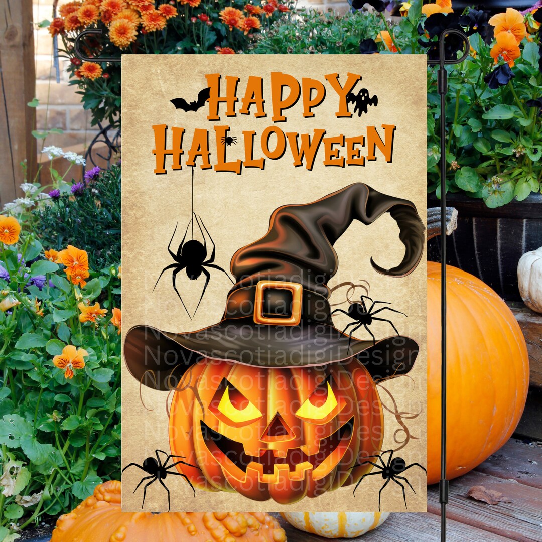 Halloween-Gartenflagge 'Happy Halloween' – Mit Katzen-Motiv | 30 X 45 Cm, Doppelseitig | Aus Wetterfester Jute | Für Draußen