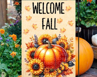 12x18 Gartenflagge Sublimationsdesign, Willkommen im Herbst, Herbstgartenflagge, Herbstkürbis und Sonnenblumen, Digitales Design, PNG