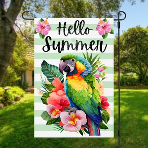12x18 Garden Flag Sublimation Design, Hello Summer, Parrot and Flowers, Digital Design, PNG