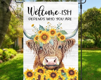 12x18 Garden Flag Sublimation Design, Welcome-Ish Highland Cow With Sunflowers, Digital Design, PNG