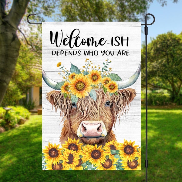 12x18 Garden Flag Sublimation Design, Welcome-Ish Highland Cow With Sunflowers, Digital Design, PNG