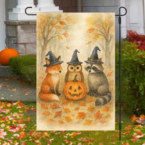 Halloween Animals Garden Flag Design: Watercolor Owl, Fox, Raccoon (Digital Download)