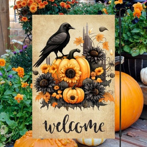 12x18 Garden Flag. Sublimation Design, Welcome, Fall Welcome Flag, Fall Crow and Pumpkins, Digital Design, Fall Garden Flag, PNG
