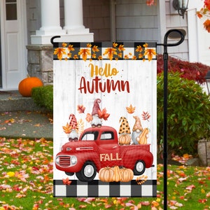 12x18 Garden Flag Sublimation Design, Hello Autumn Truck and Gnomes, Pumpkin, Digital Design, PNG
