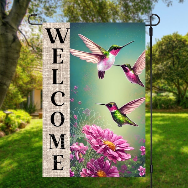 12x18 Garden Flag Sublimation Design, Hummingbird, Welcome, Spring Floral , Digital Design, PNG