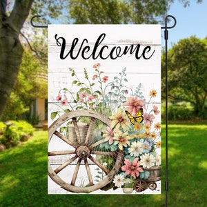 12x18 Gartenflagge Sublimationsdesign, Wagenrad und Blumen, Willkommen, Digitales Design, PNG