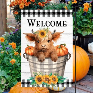12x18 Garden Flag Sublimation Design, Welcome Fall, Fall Garden Flag, Fall Highland Cow, Digital Design, PNG