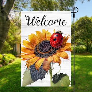 12x18 Garden Flag Sublimation Design, Sunflower and Ladybug, Welcome, Digital Design, PNG