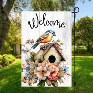 12x18 Garden Flag Sublimation Design, Welcome, Bird House, Bird and Flowers, , Digital Design, PNG