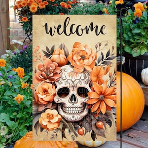 12x18 Garden Flag. Sublimation Design, Welcome, Halloween Welcome Flag, Skull and Flowers, Digital Design, Fall Garden Flag, PNG