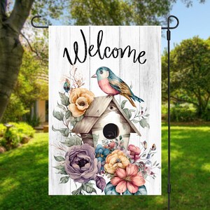 12x18 Garden Flag Sublimation Design, Welcome, Bird House, Bird and Flowers, , Digital Design, PNG
