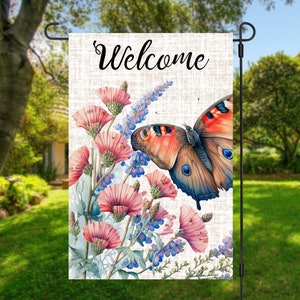 12x18 Garden Flag Sublimation Design, Fiori e Farfalla, Benvenuto, Digital Design, PNG