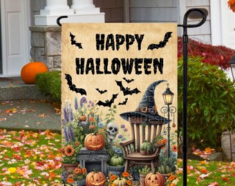 May include: A Halloween garden flag with a witch's hat, pumpkins, and the text "Happy Halloween".