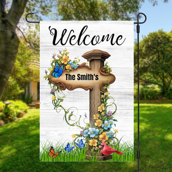 12x18 Garden Flag Sublimation Design, Welcome, Wooden Sign and Flowers, Digital Design, PNG