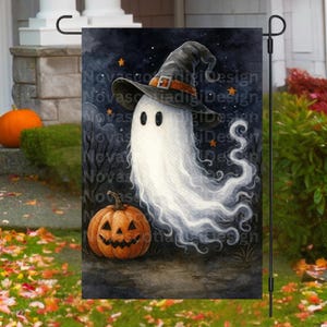 May include: Halloween garden flag featuring a whimsical ghost wearing a witch hat, with a carved pumpkin below. The background is a dark night sky with stars and silhouettes of trees. A festive decoration.