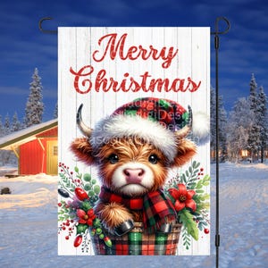 12x18 Garden Flag Sublimation Design, Christmas Highland Cow, Merry Christmas Flag PNG, Christmas Garden Flag, Digital Design, PNG
