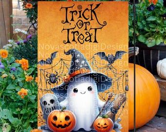 May include: A Halloween-themed garden flag with a cute ghost wearing a witch hat and holding a broom. The flag has a yellow background with the text "Trick or Treat" in black. There are also pumpkins and spiderwebs on the flag.