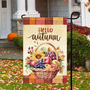 12x18 Garden Flag Sublimation Design, Hello Autumn, Fall Fruit Basket, Digital Design, PNG
