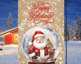 12x18 Garten Flagge Sublimation Design, Frohe Feiertage, Weihnachtsmann In Schneekugel, Digital Design, PNG