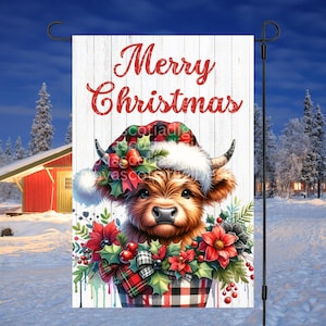 12x18 Garden Flag Sublimation Design, Christmas Highland Cow, Merry Christmas Flag PNG, Christmas Garden Flag, Digital Design, PNG