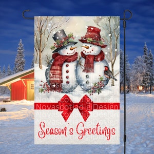 12x18 Garden Flag Sublimation Design, Winter Snowmen Couple, Season&#39;s Greetings, Winter Garden Flag Design, Digital Design, PNG