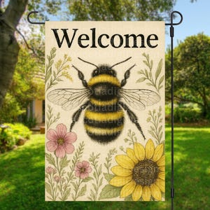 Welcome Garden Flag PNG, Bee and Sunflower Sublimation Design,  Outdoor Decor, Printable Garden Flag, Digital Download