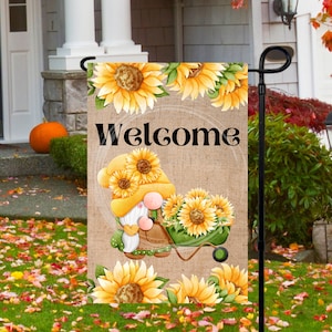 12x18 Garden Flag Sublimation Design, Sunflower Gnome With Wagon,  Welcome, Digital Design, PNG