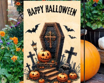 May include: A Halloween garden flag with a coffin, cross, and pumpkins. The flag reads "Happy Halloween".