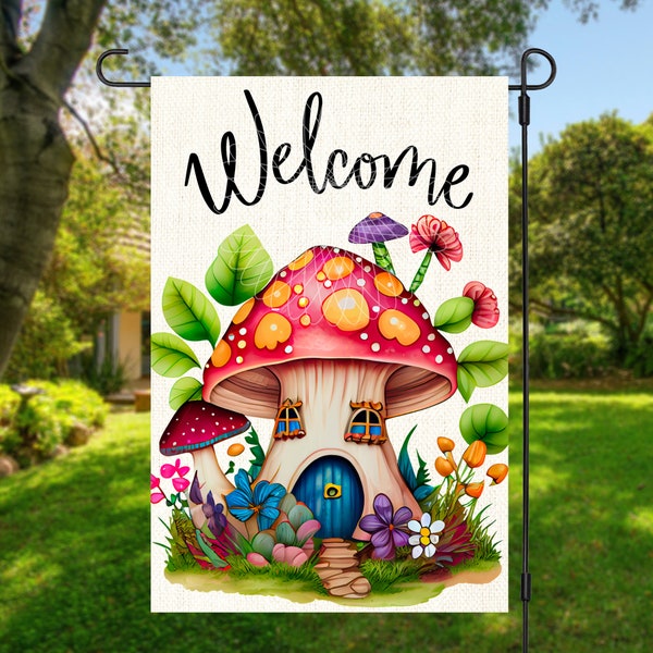 12x18 Garden Flag Sublimation Design, Welcome, Mushroom House, Cottagecore, Digital Design, PNG