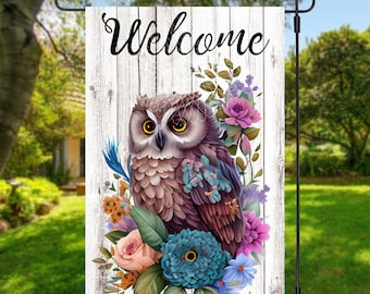 12x18 Garden Flag Sublimation Design, Owl and Flowers, Welcome, Digital Design, PNG