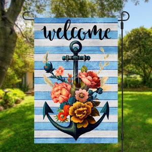 12x18 Garden Flag Sublimation Design, Nautical Anchor and Flowers, Welcome, Digital Design, PNG