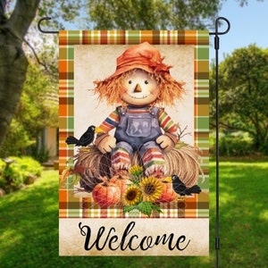 12x18 Garden Flag Sublimation Design, Welcome Flag, Scarecrow and Pumpkins, Fall Garden Flag, Digital Design, PNG