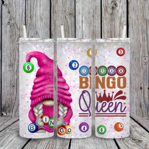 May include: Three white glitter tumblers with pink, blue, and green bingo balls. The middle tumbler has the text "BINGO Queen" with a crown above the word "Queen".