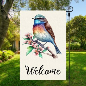 12x18 Garden Flag Sublimation Design, Welcome, Bird House, Bird and Flowers, , Digital Design, PNG