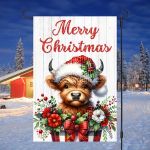 12x18 Garden Flag Sublimation Design, Christmas Highland Cow, Merry Christmas Flag PNG, Christmas Garden Flag, Digital Design, PNG