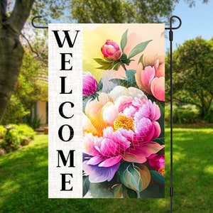 12x18 Garden Flag Sublimation Design, Peonies, Welcome, Digital Design, PNG