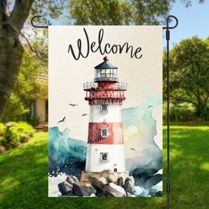 May include: A watercolor painting of a lighthouse with red and white stripes, standing on rocky cliffs with crashing waves. The words "Welcome" are written in black at the top of the image.