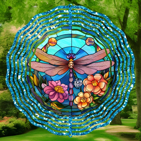 Sublimation Wind Spinner PNG, Wind Spinner Design, Dragonfly and Flowers, Digital Download