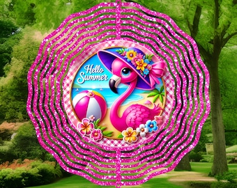 Hello Summer Flamingo Wind Spinner Sublimation Design, 300 DPI PNG, Outdoor Decor, Garden Art