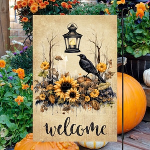 12x18 Garden Flag. Sublimation Design, Welcome, Fall Welcome Flag, Fall Crow and Pumpkins, Digital Design, Fall Garden Flag, PNG