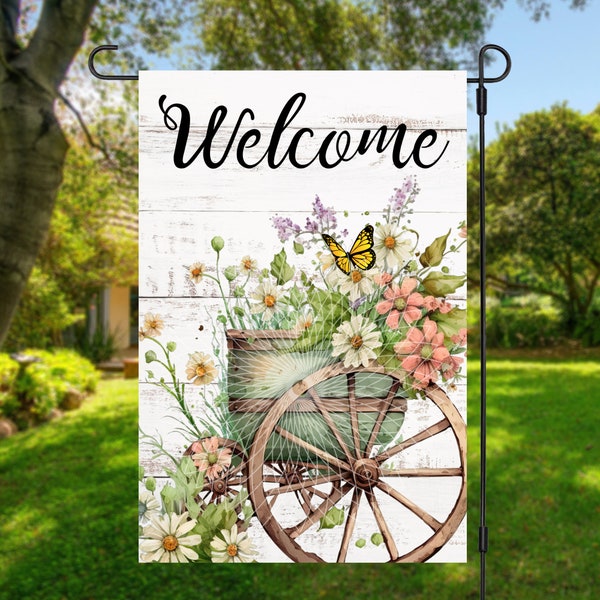 12x18 Garden Flag Sublimation Design, Wagon Wheel and Flowers, Welcome, Digital Design, PNG