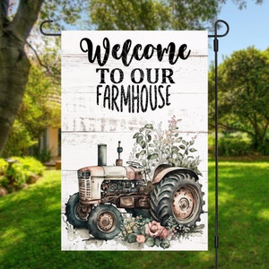 12x18 Garden Flag Sublimation Design, Welcome To Our Farmhouse, Tractor and Flowers, Digital Design, PNG