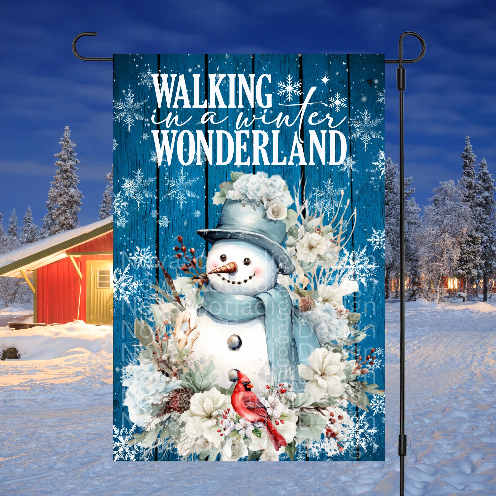 12x18 Garden Flag Sublimation Design, Winter Snowman, Vintage Blue  Snowman,  Winter Wonderland, Winter Garden Flag Digital Design, PNG