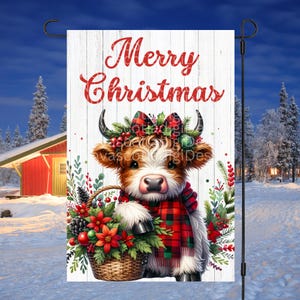 12x18 Garden Flag Sublimation Design, Christmas Highland Cow, Merry Christmas Flag PNG, Christmas Garden Flag, Digital Design, PNG