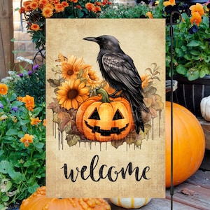 12x18 Garden Flag. Sublimation Design, Welcome, Fall Welcome Flag, Fall Crow and Pumpkins, Digital Design, Fall Garden Flag, PNG